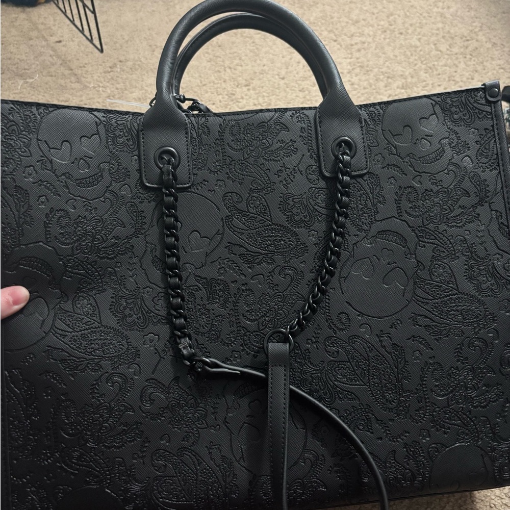 Betsey Johnson Black Embossed Skull Paisley Tote with Chain Detail
